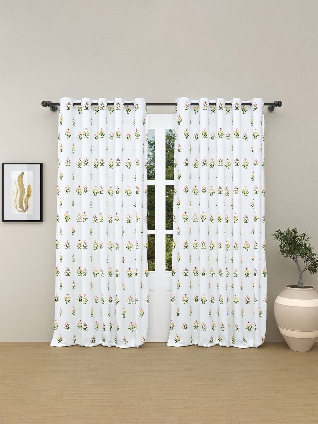 

haus & kinder White & Green Set of 2 Floral Cotton Room Darkening Door Curtain