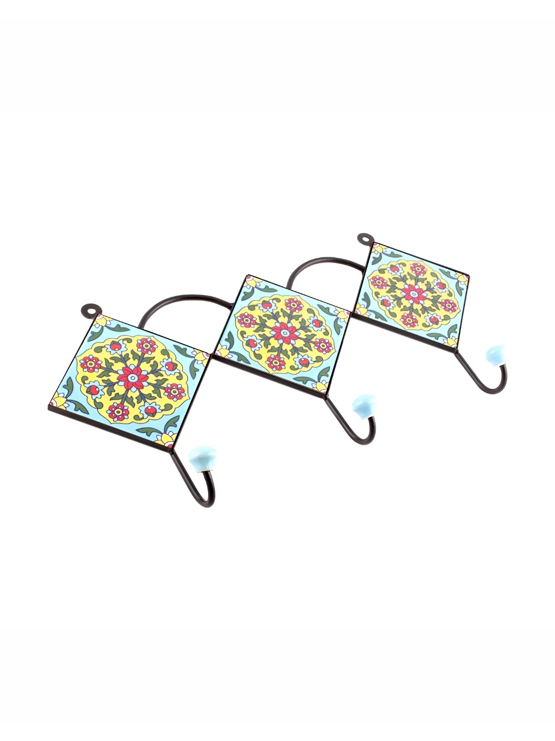 

IndianShelf Turquoise Blue & Yellow Ceramic Tiny Floral Tile Wall Hooks