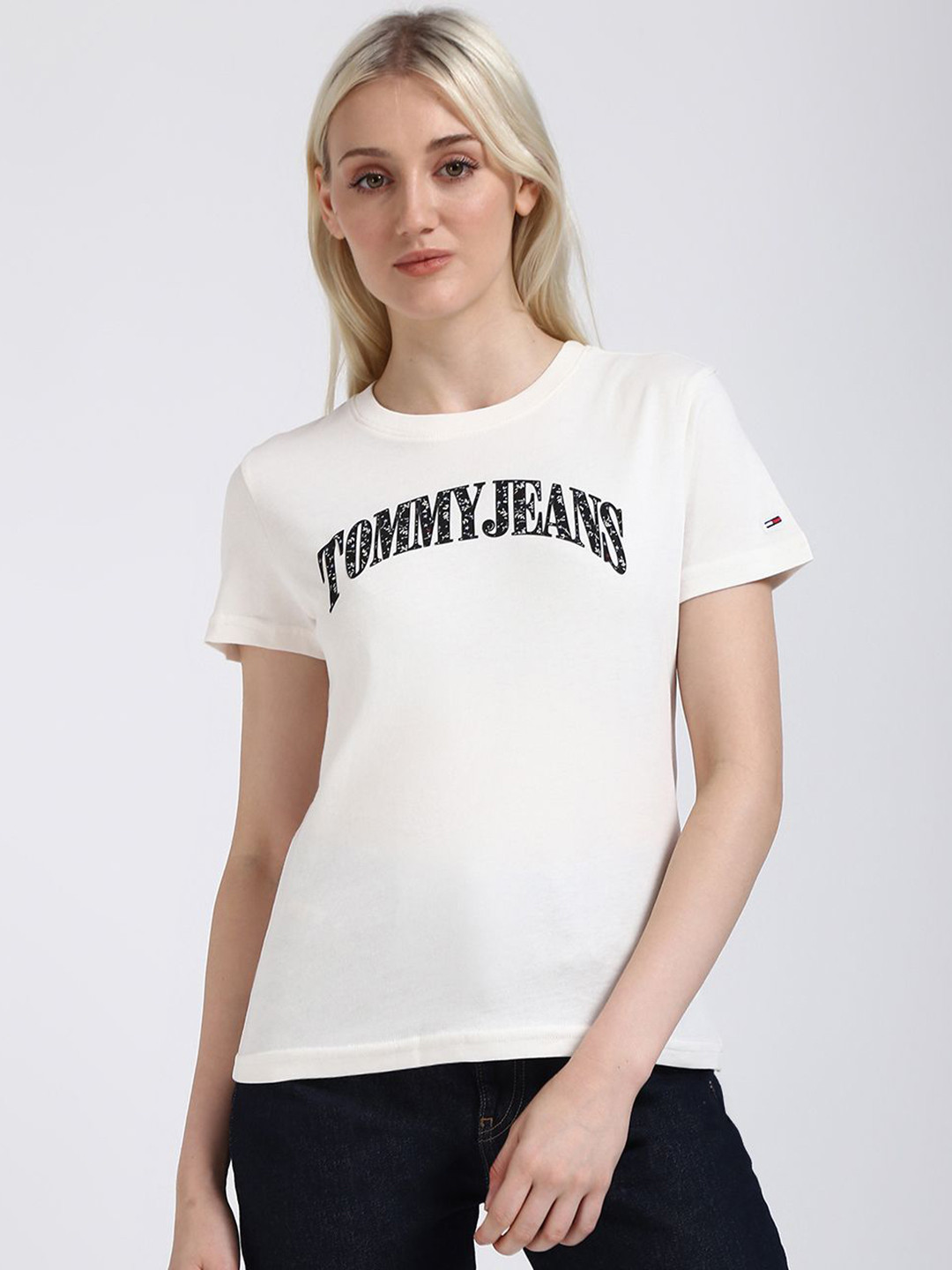 

Tommy Hilfiger Women Typography Printed Round Neck Cotton T-shirt, White