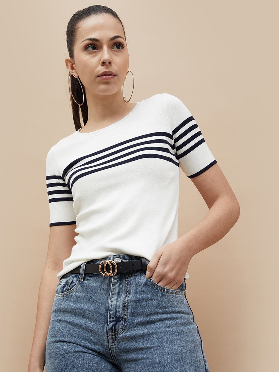 

CODE by Lifestyle Women Striped Round Neck T-shirt, White