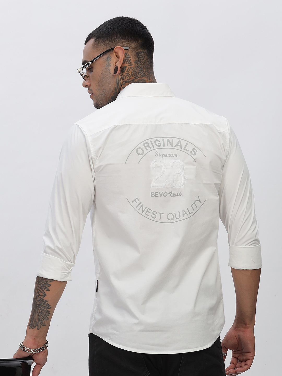 

BEVDAAS Men Spread Collar Typography Printed Cotton Formal Shirt, White