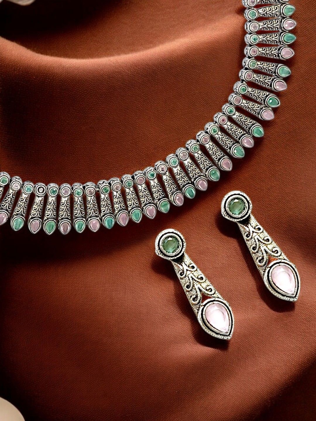 

FEMMIBELLA Silver Plated Stone Studded Oxidised Jewellery Set