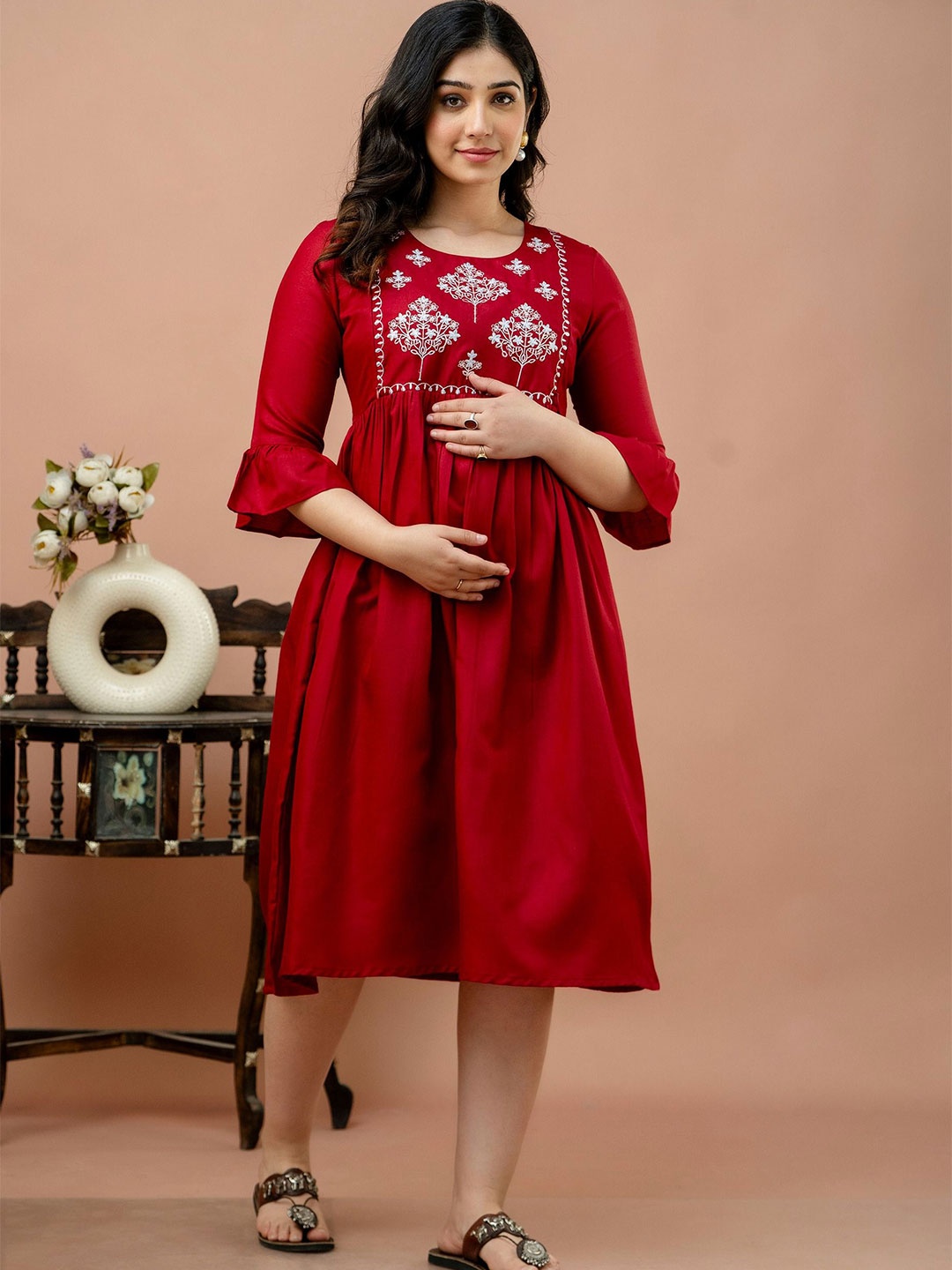 

CELEBRAVO Women Floral Embroidered Maternity Fit & Flare Midi Dress, Maroon
