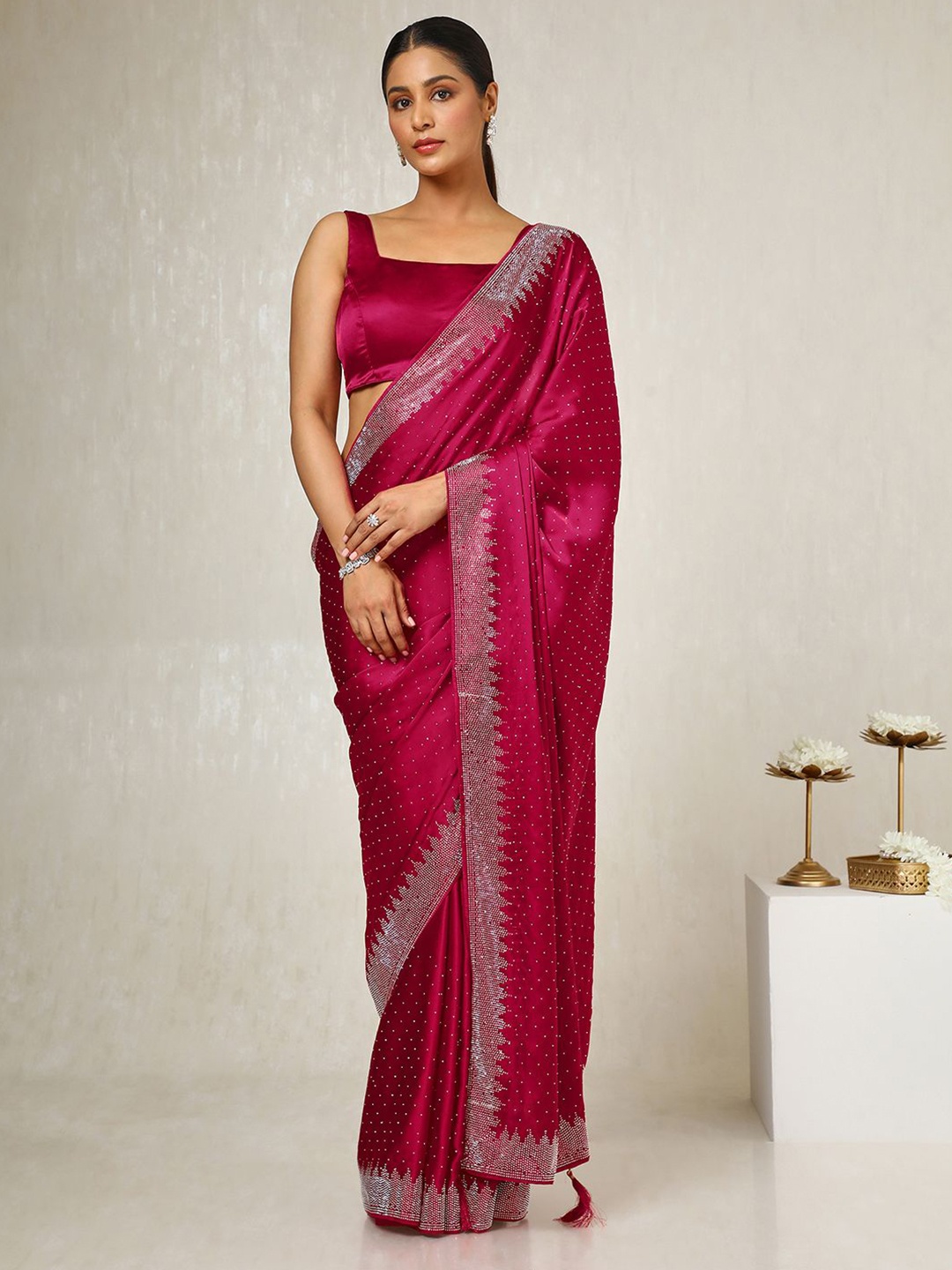 

Soch Embellished Beads and Stones Satin Saree, Pink