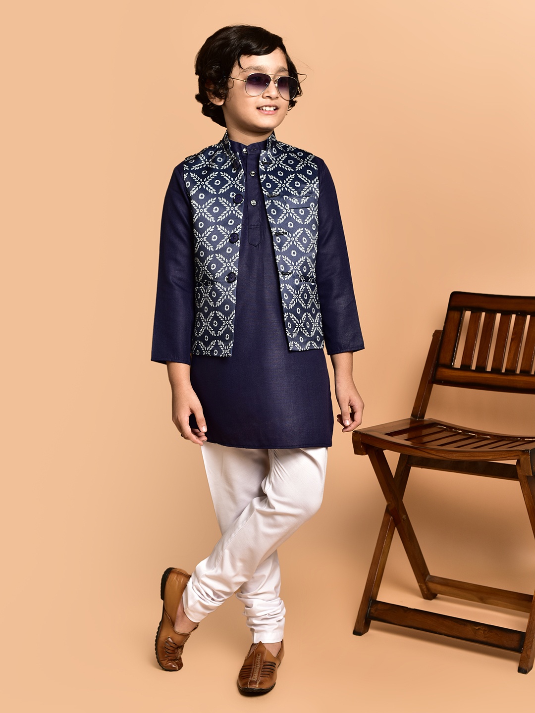 

PRINTINDIA Boys Mandarin Collar Regular Straight Kurta with Pyjamas, Navy blue