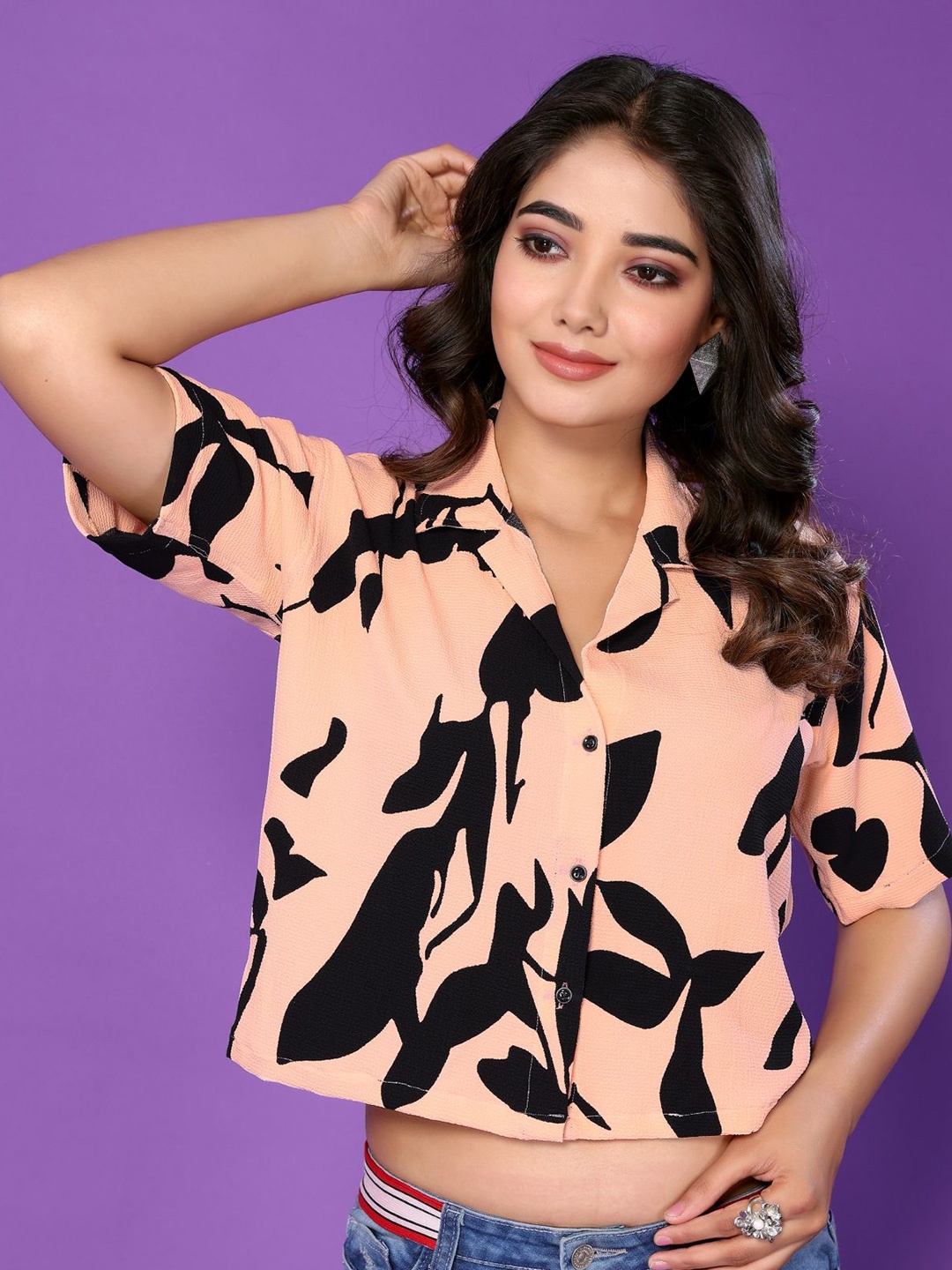 

vj fashion Women Cuban Collar Floral Printed Relaxed Fit Casual Shirt, Peach