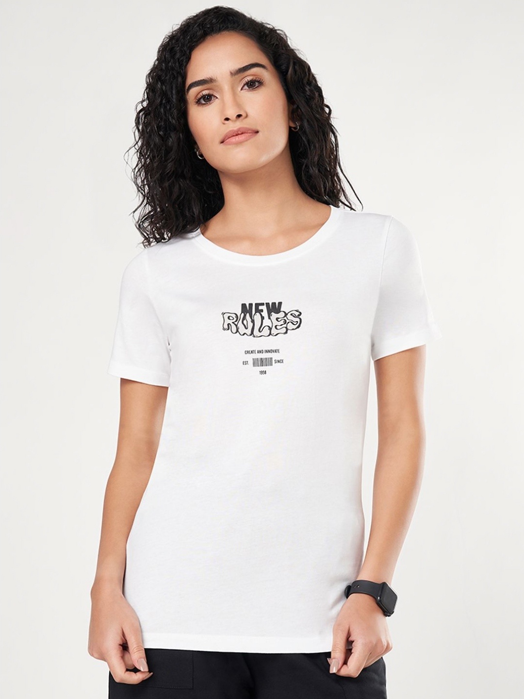 

Ajile by Pantaloons Women Typography Printed Round Neck Cotton T-shirt, White