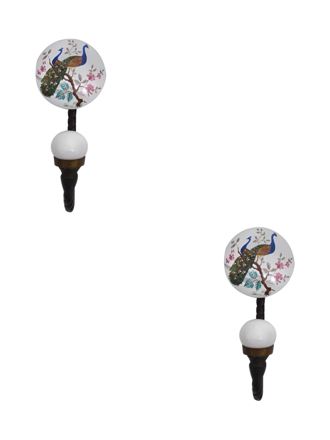 

IndianShelf 2 Pieces Peacock Ceramic Wall Hangers Key Hooks, White