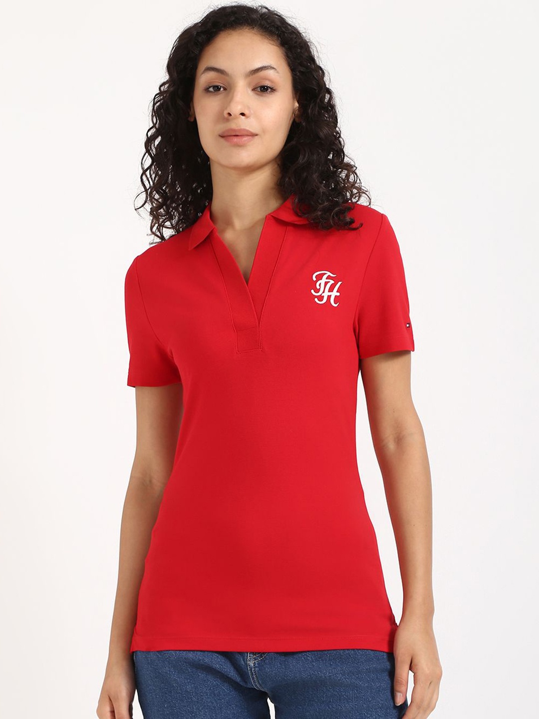 

Tommy Hilfiger Women Polo Collar Slim Fit T-shirt, Red