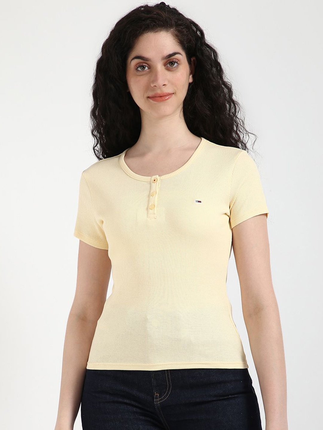 

Tommy Hilfiger Women Solid Round Neck Cotton Slim Fit T-shirt, Yellow