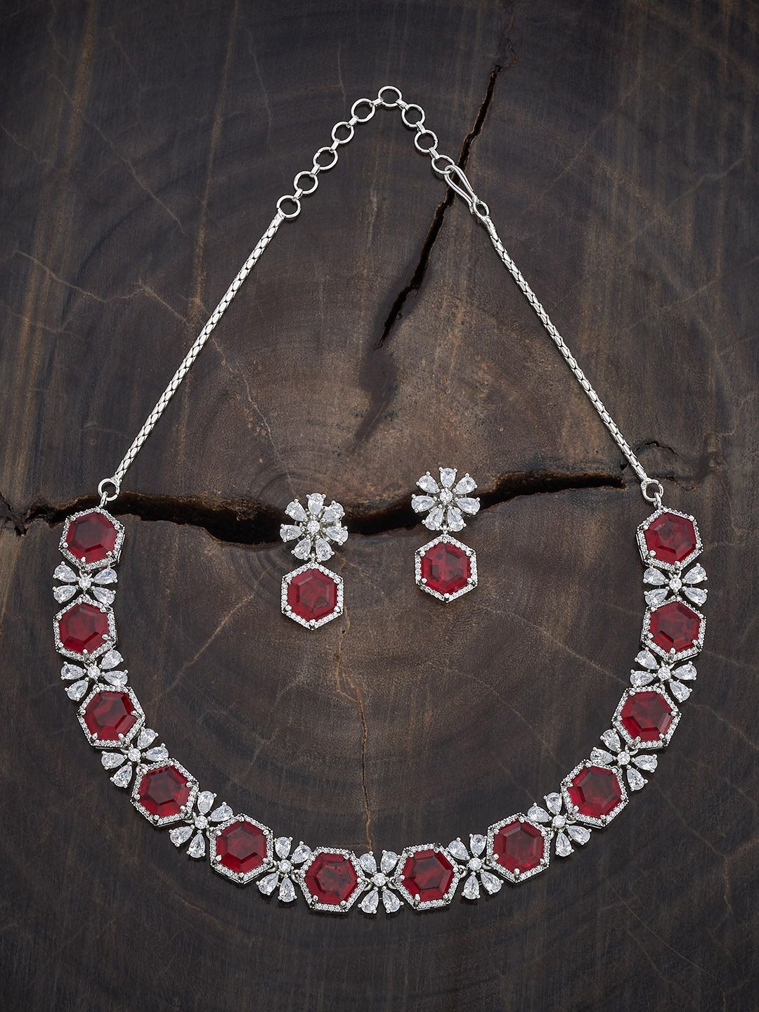 

Kushal's Fashion Jewellery Rhodium-Plated CZ Studded Jewellery Set, Silver