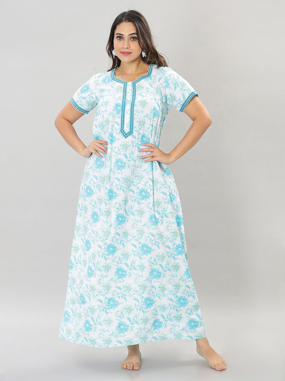 

NAIDU HALL Women Pure Cotton Printed Maxi Nightdress, Blue