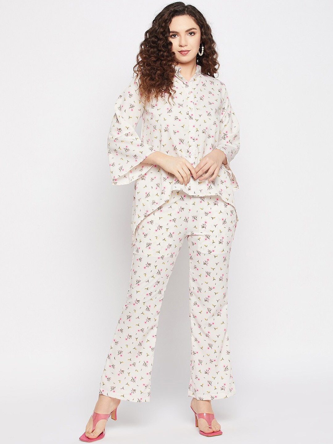 

DressBerry Off White and Pink Printed Mandarin Collar Shirt With Trousers