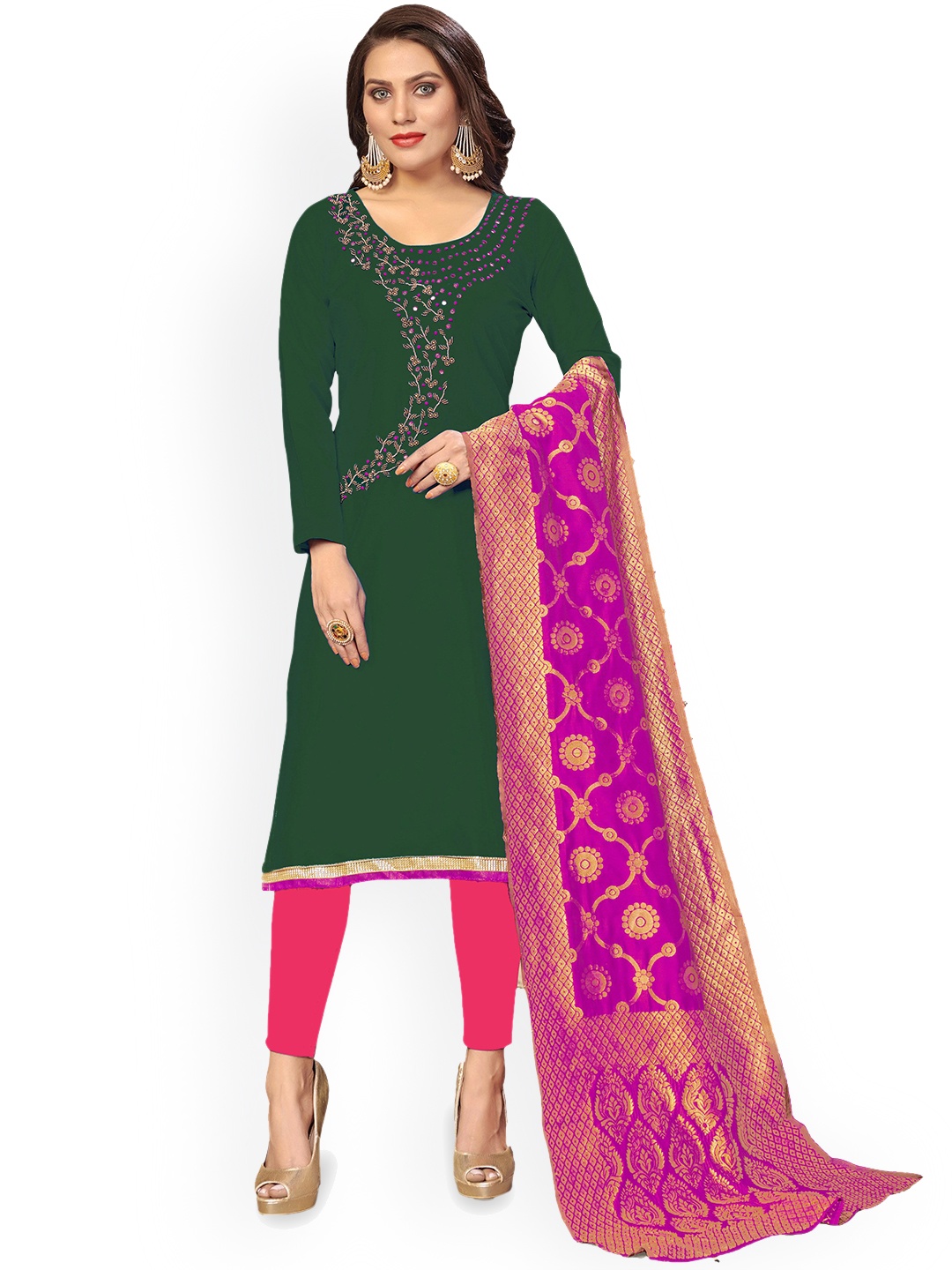 

Maroosh Floral Embroidered Beads and Stones Unstitched Dress Material, Green