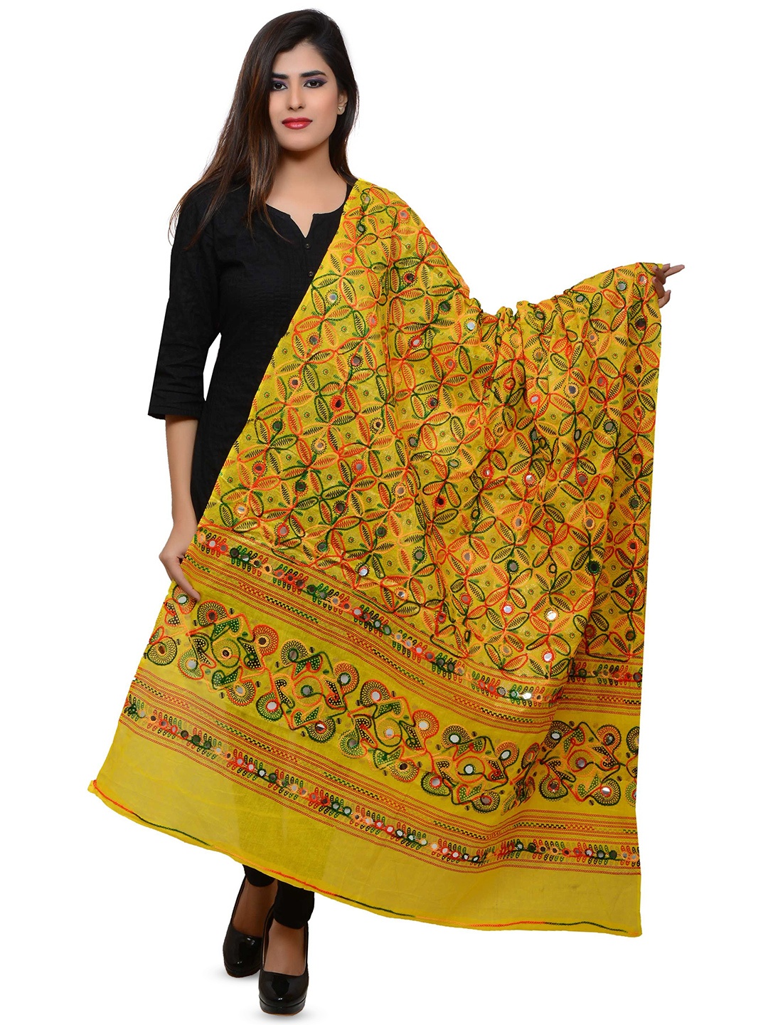 

BANJARA INDIA Embroidered Dupatta with Thread Work, Yellow