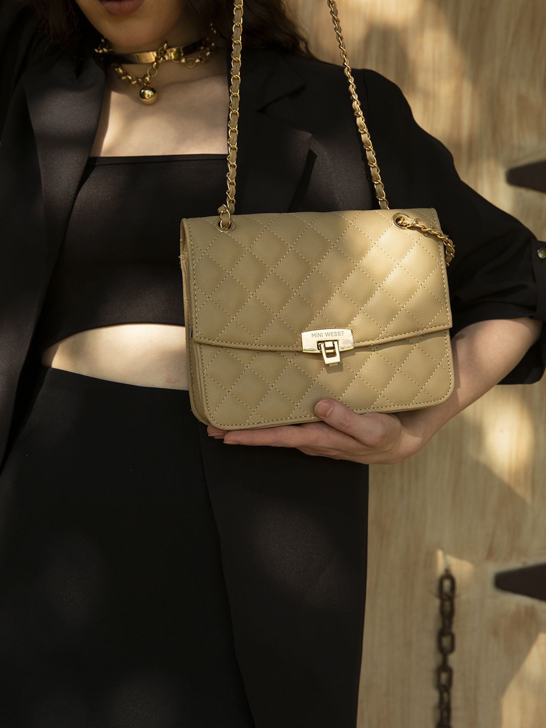 

MINI WESST Women Textured Structured Sling Bag, Beige