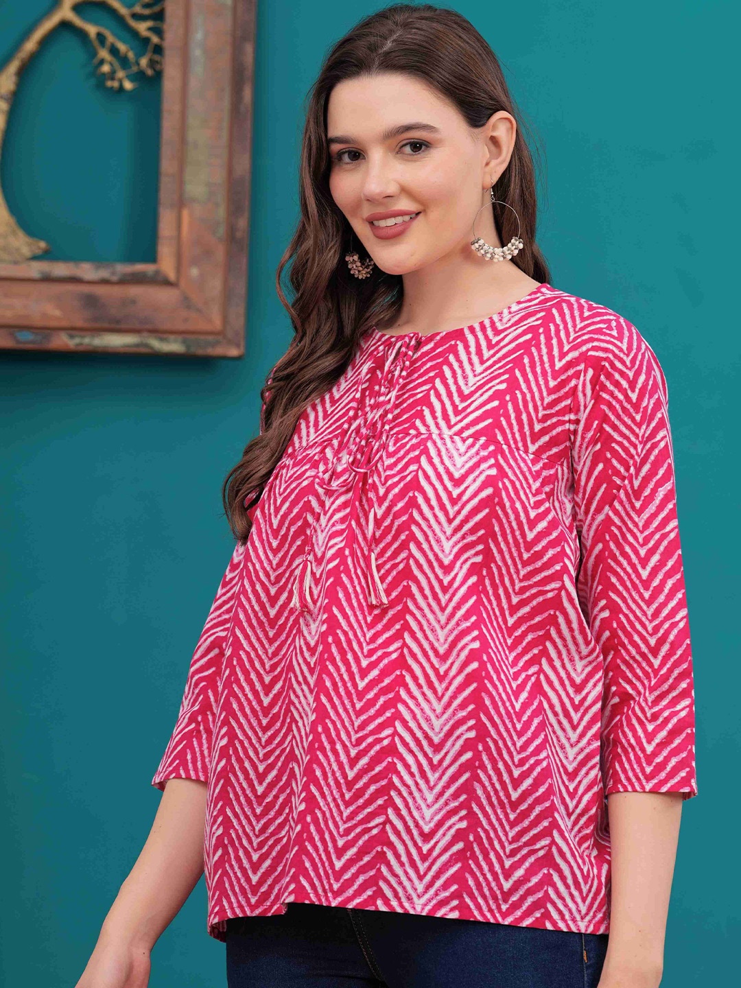 

MF ERA Women Chevron Printed Pure Cotton A-Line Kurti, Pink