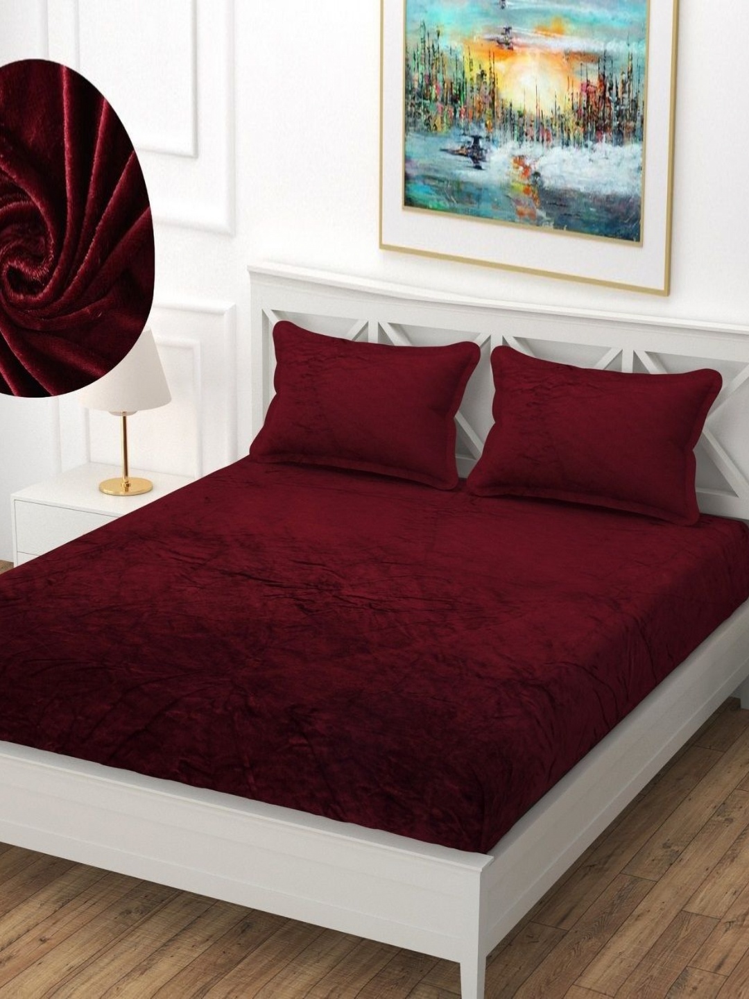 

INDHOME LIFE Maroon Wool 220 TC Fitted King Bedsheet Set 2.54 m x 2.28 m
