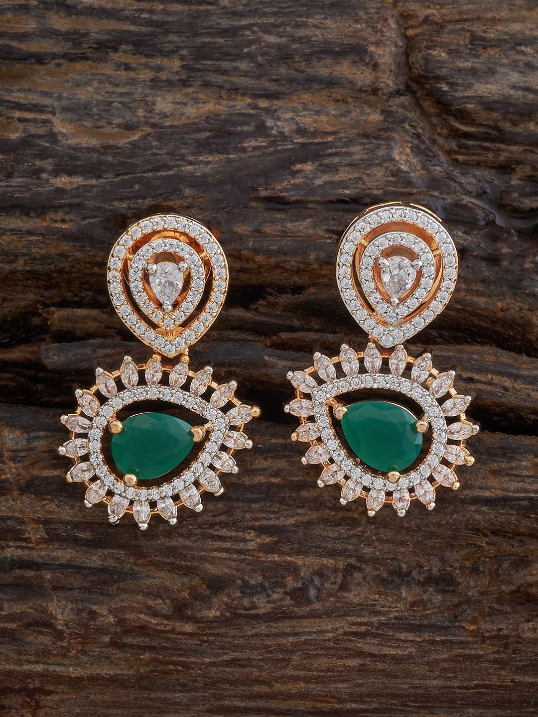 

Kushal's Fashion Jewellery Rhodium-Plated Zircon Studded Contemporary Drop Earrings, Green