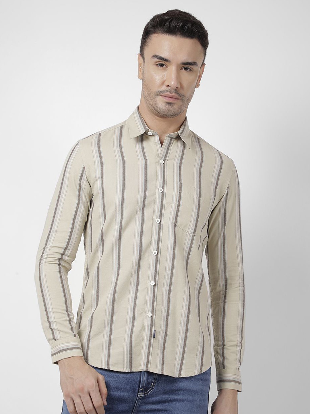 

Numero Uno Men Spread Collar Vertical Striped Cotton Slim Fit Casual Shirt, Beige