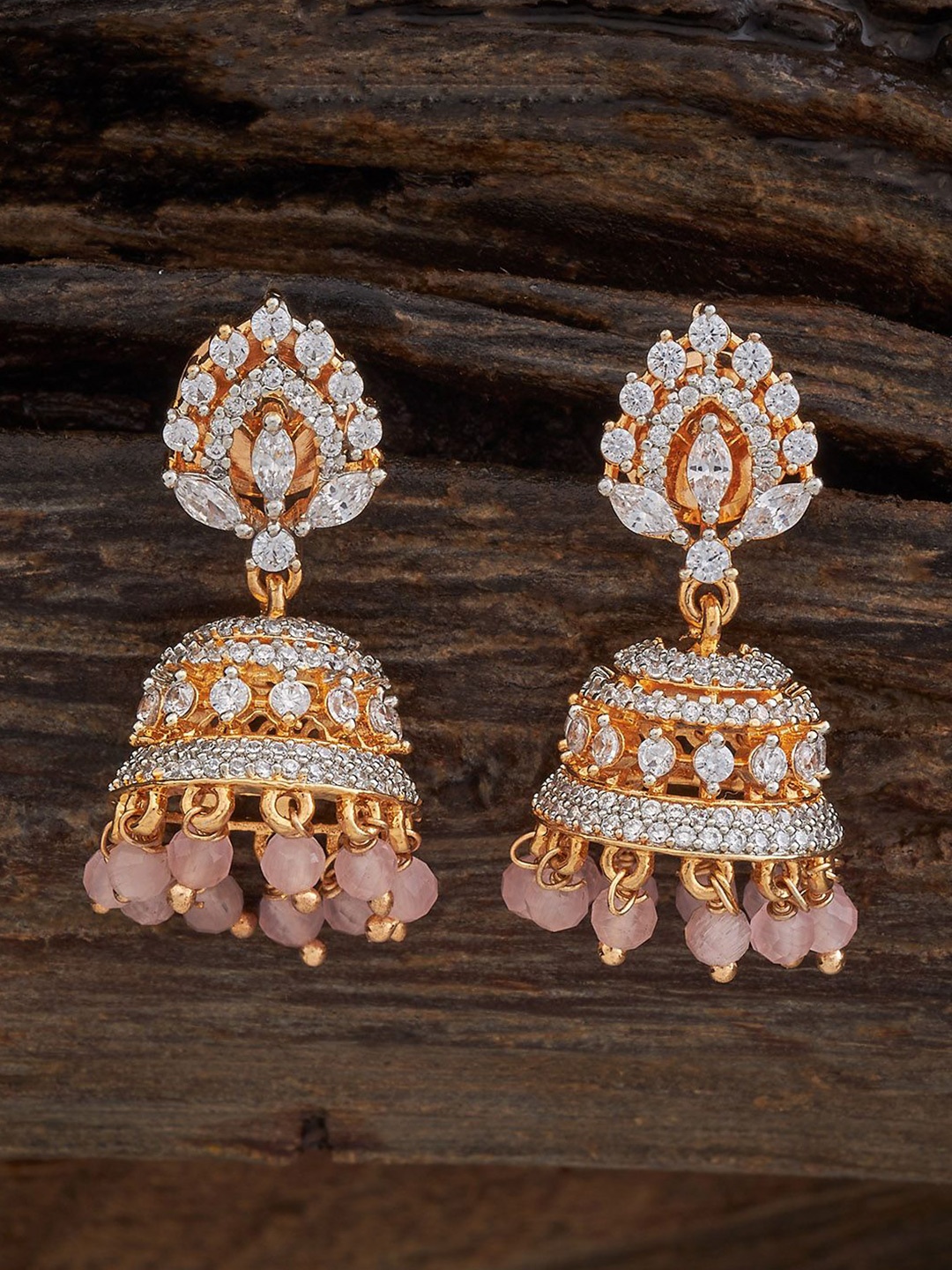 

Kushal's Fashion Jewellery Gold Plated Zircon Studded Dome Shaped Jhumkas, Pink