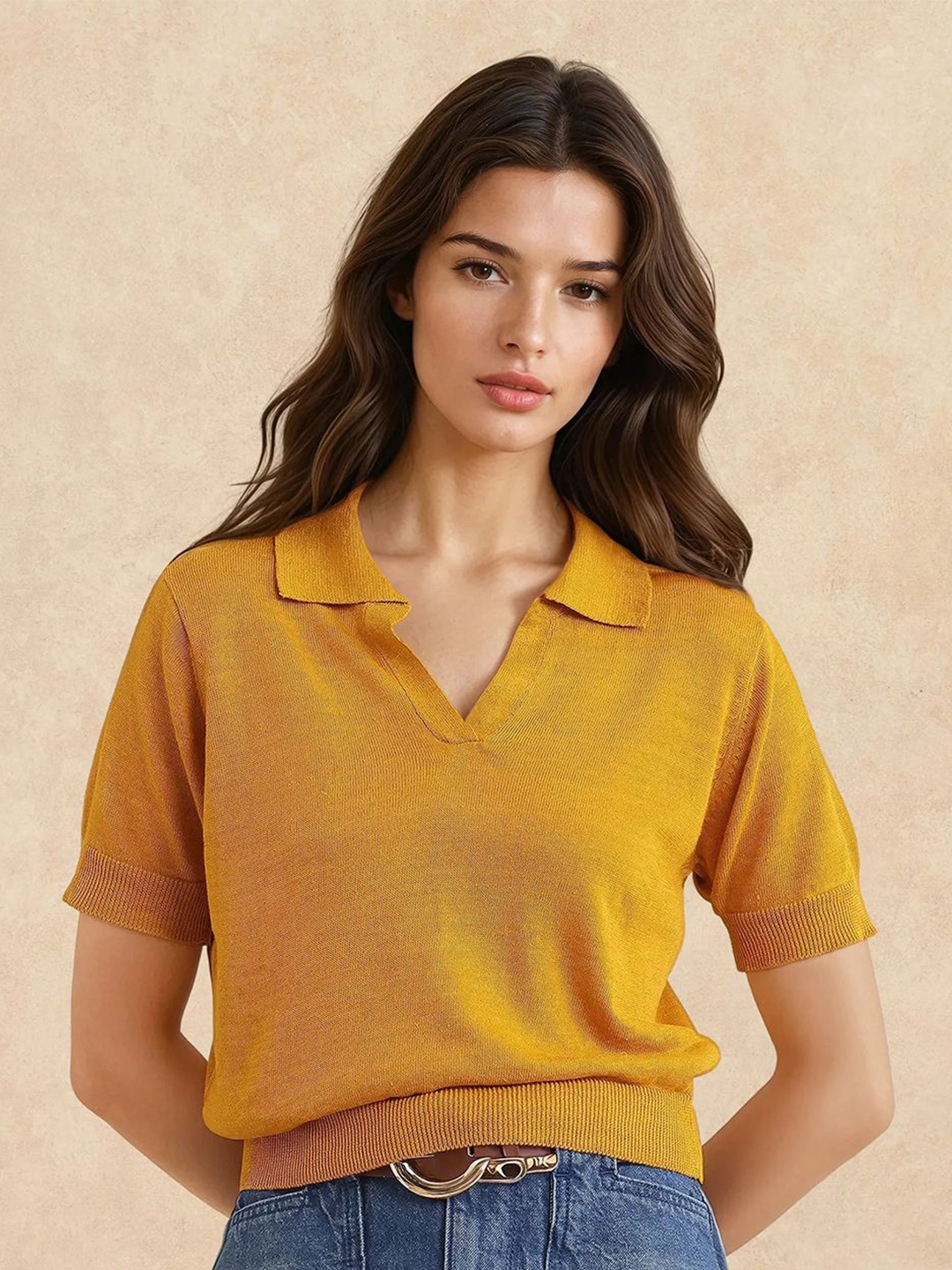 

RAREISM Women Solid Polo Collar Cotton T-shirt, Mustard