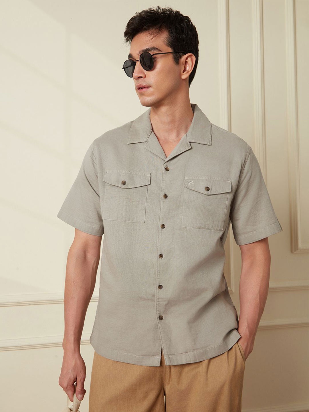 

WROGN Men Comfort Cuban Collar Solid Cotton Casual Shirt, Grey