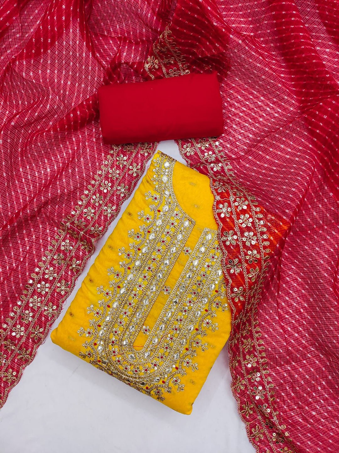 

APNISHA Ethnic Motifs Embroidered Zari Unstitched Dress Material, Yellow