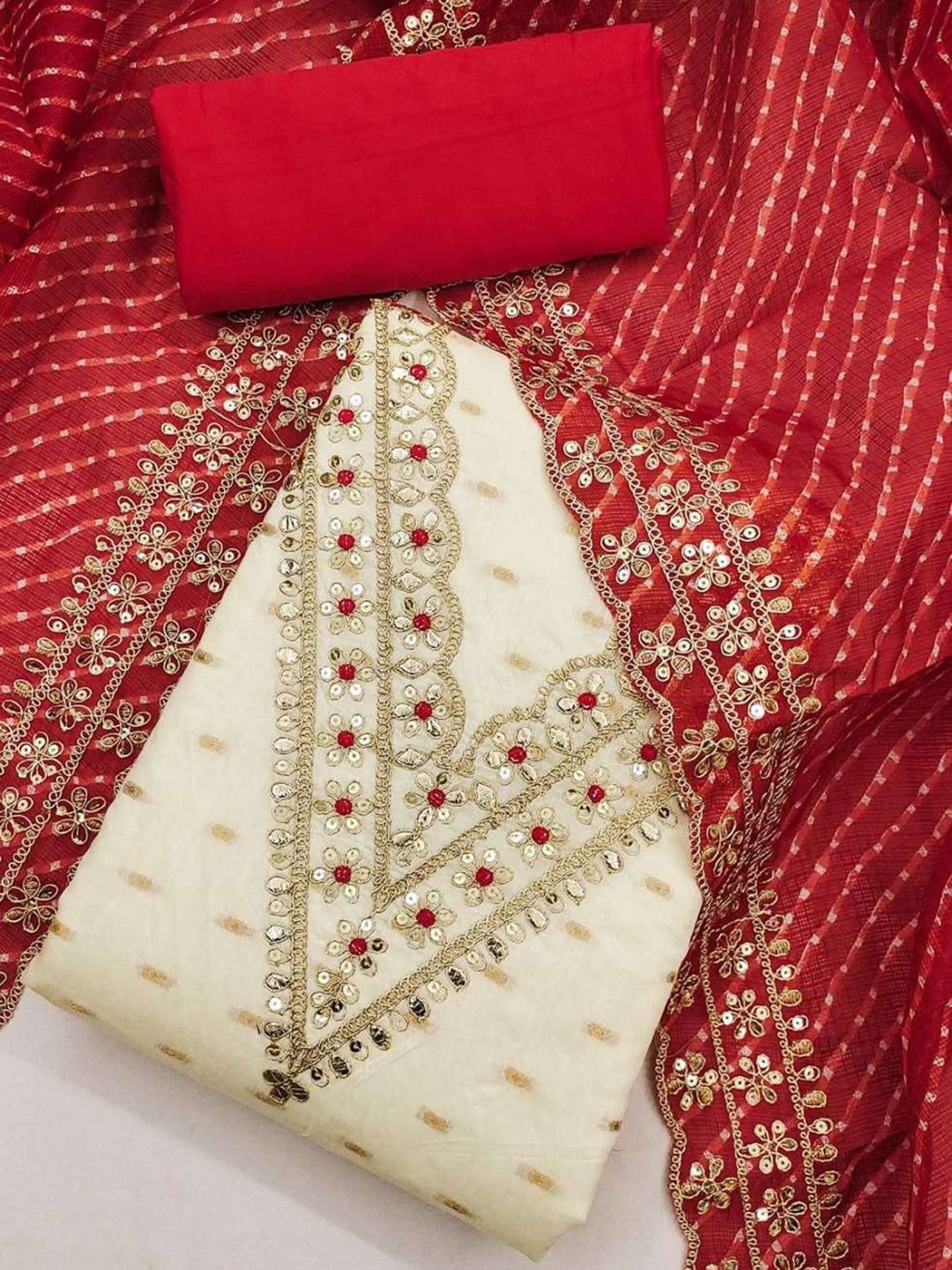 

JULEE Floral Embroidered Zari Silk Blend Unstitched Dress Material, White