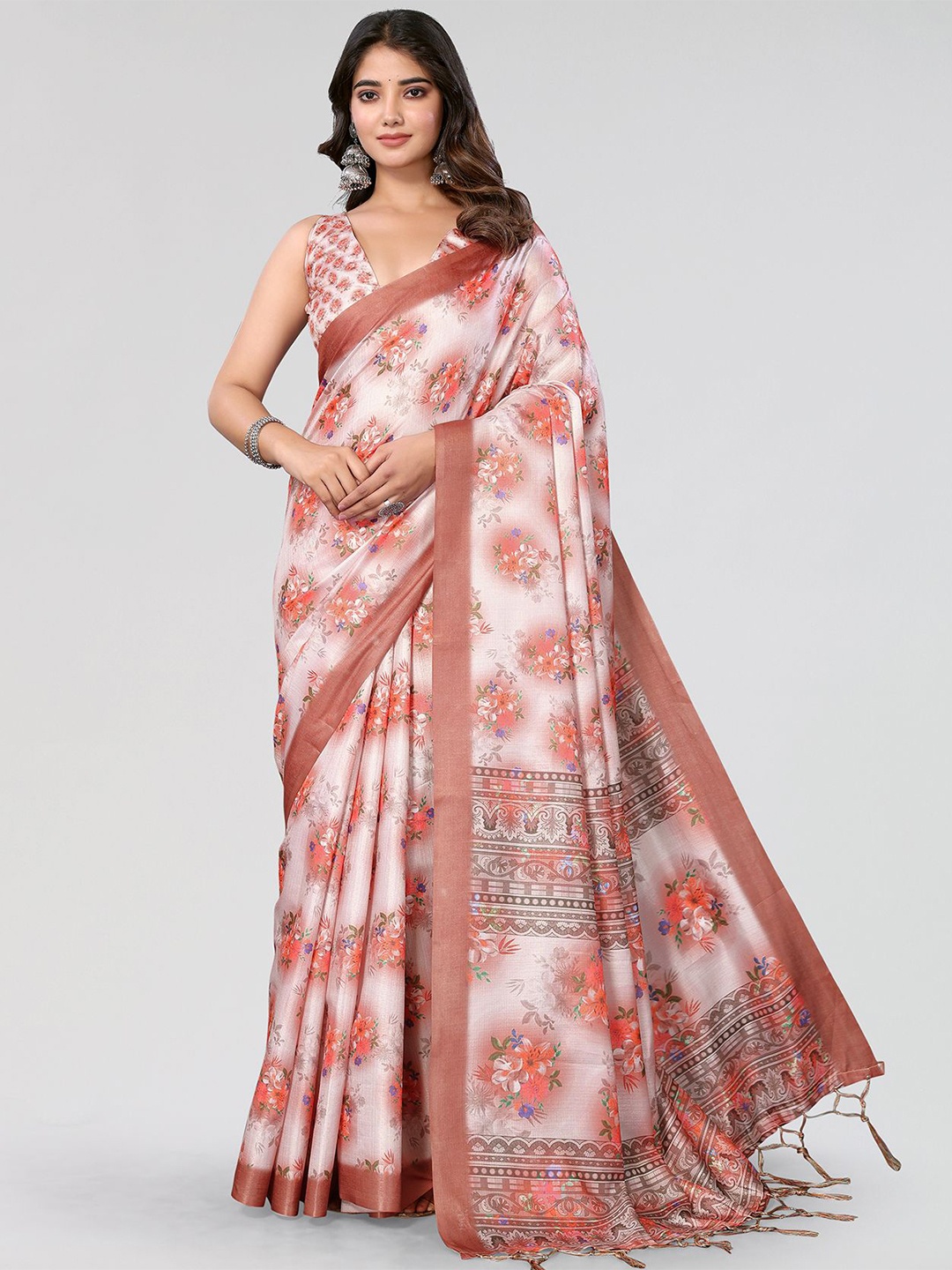 

KALINI Floral Printed Saree With Tassels, Brown