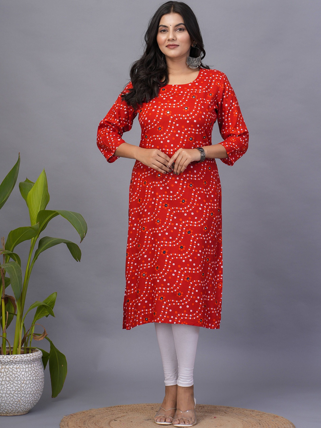 

KALINI Round Neck Bandhani Printed Mirror Work Straight Cotton Kurta, Orange