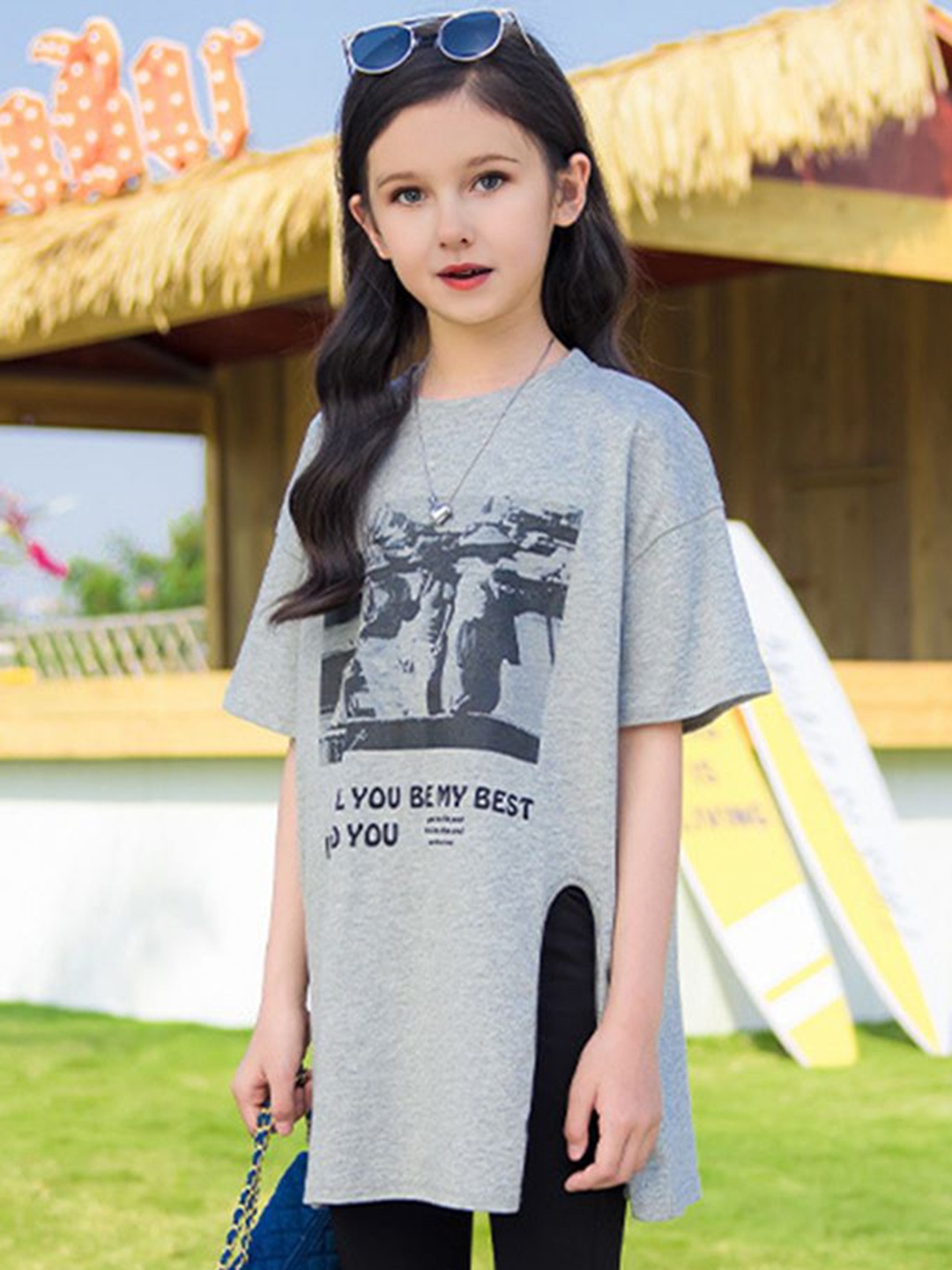 

INCLUD Girls Printed Applique T-shirt, Grey