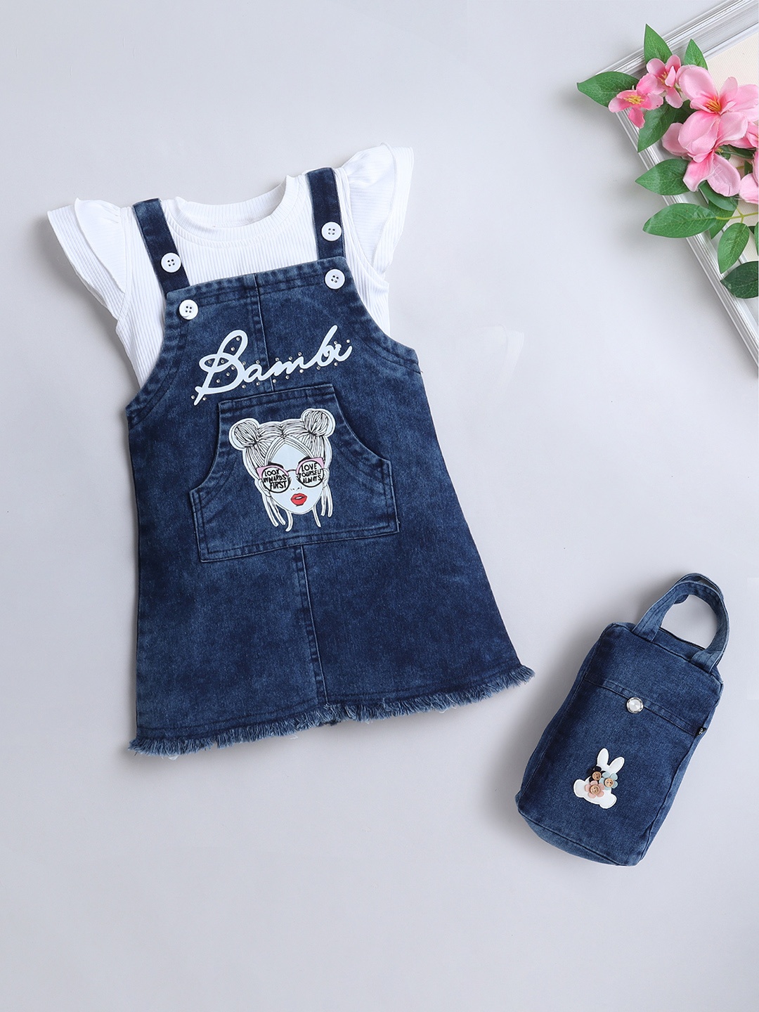 

The Magic Wand Infant Girls Printed Dungarees With T-Shirt & Bag, Blue
