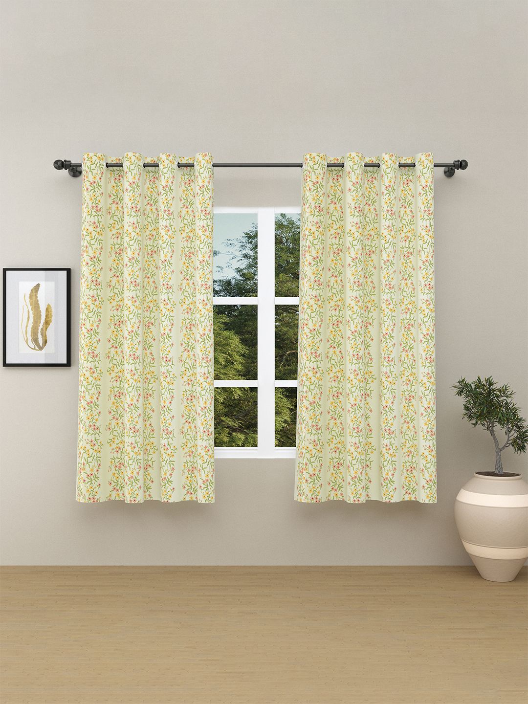 

haus & kinder White & Green Set of 2 Floral Cotton Room Darkening Window Curtain