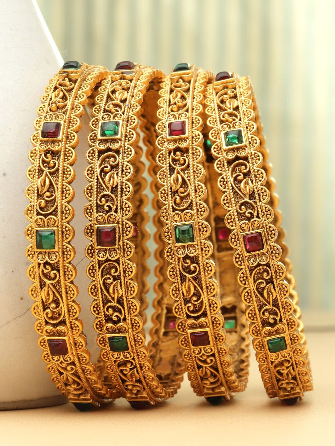 

PANASH Set Of 4 24 CT Gold-Plated Antique Bangles