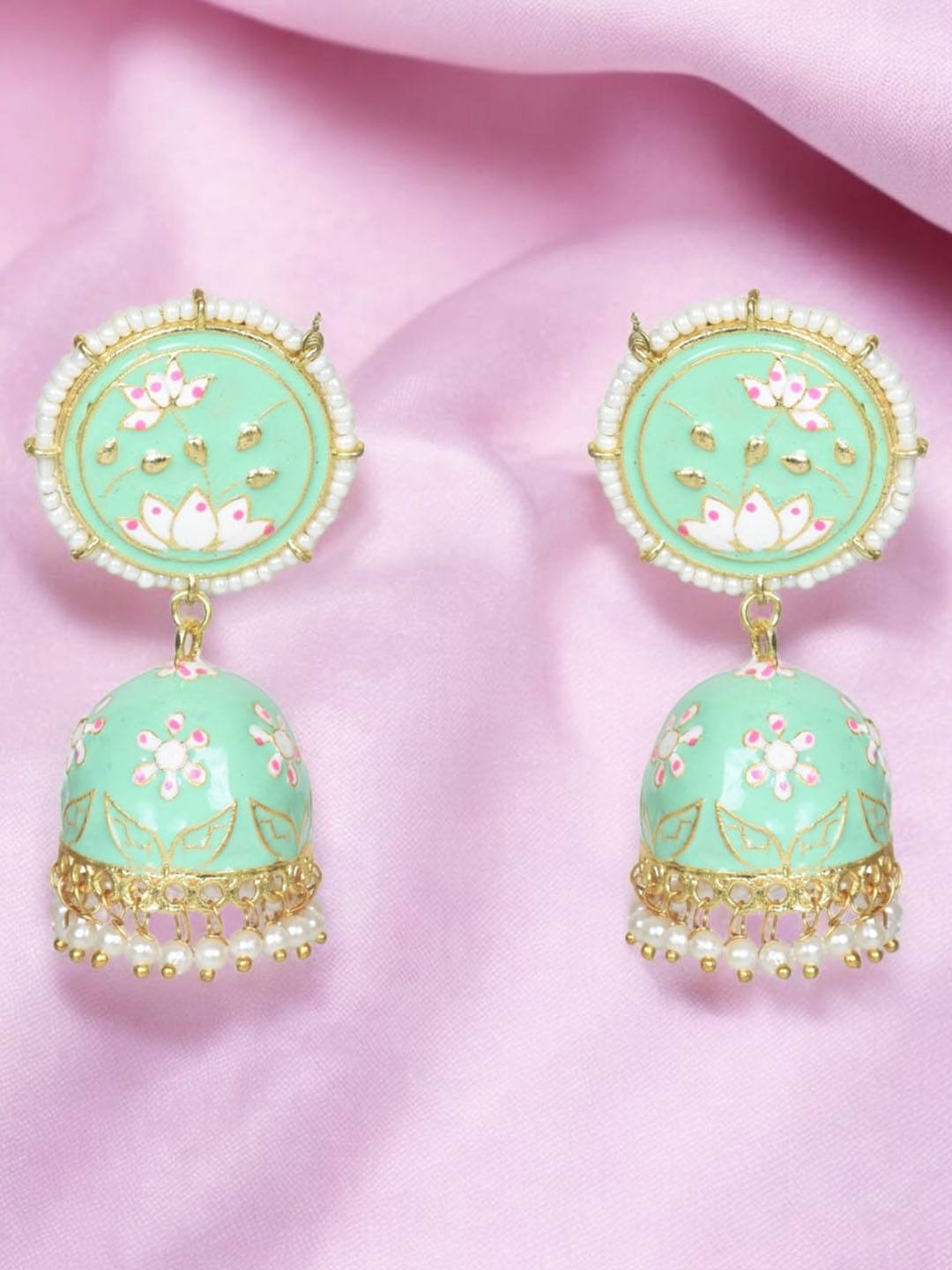 

Nilu's Collection Brass-Plated Pearls Beaded Dome Shaped Lotus engraved Meenakari Jhumkas, Green