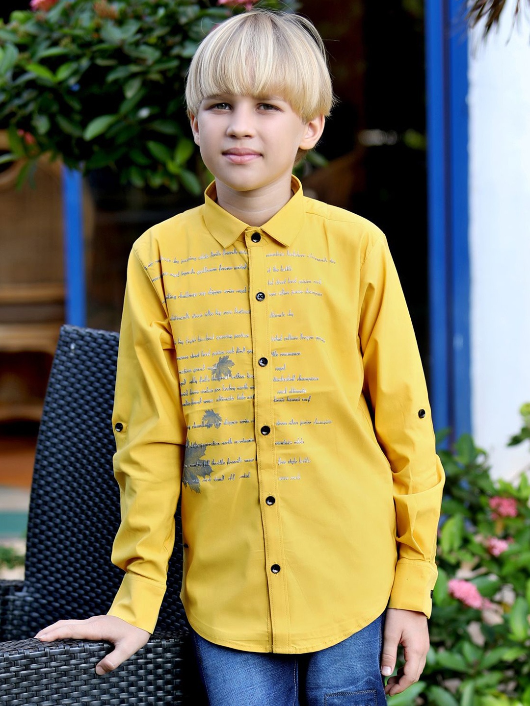 

MashUp Boys Classic Fit Spread Collar Typography Printed Cotton Casual Shirt, Mustard