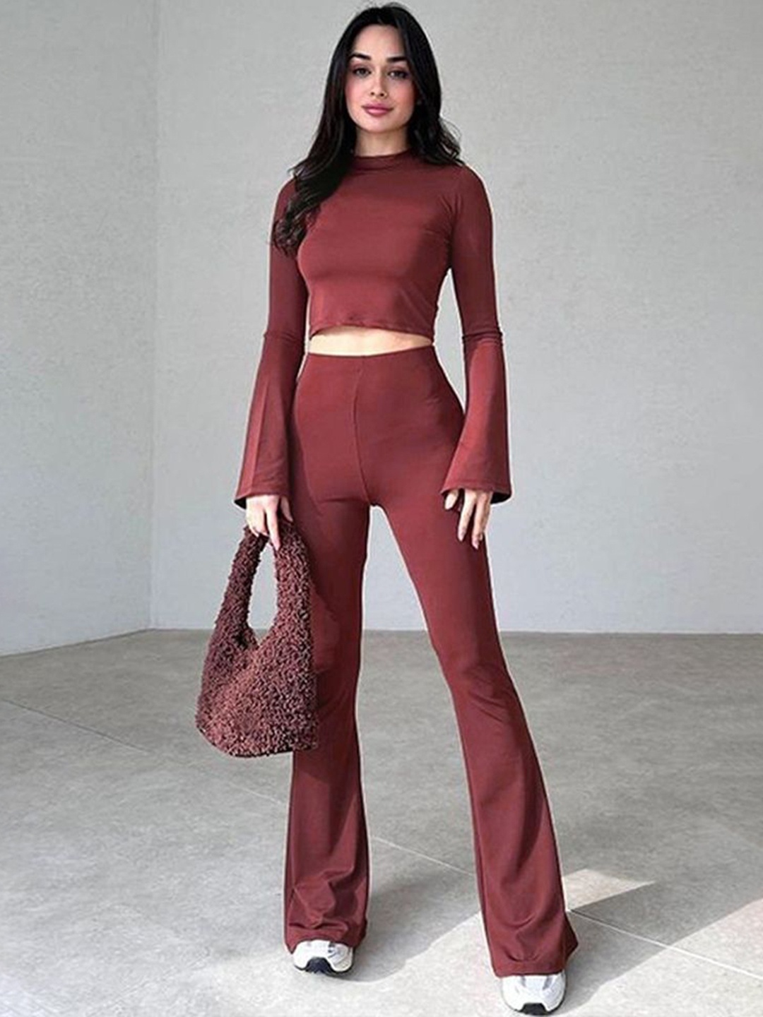 

LULU & SKY Round Neck Long Sleeves Crop Top With Flare Pants, Maroon