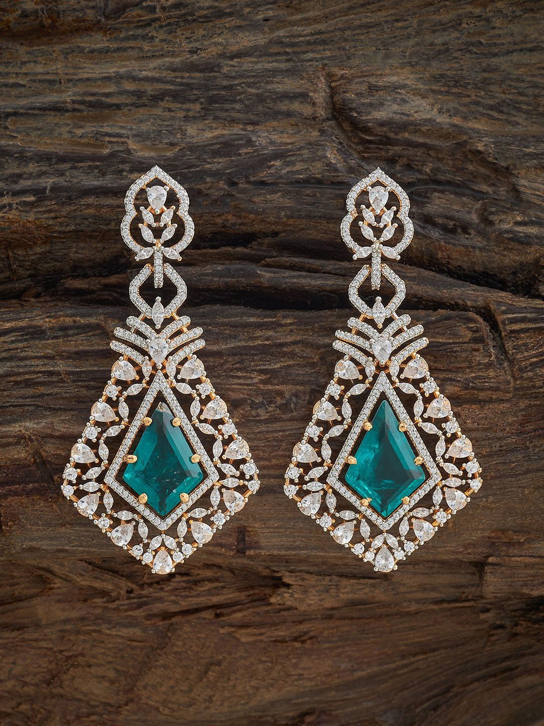 

Kushal's Fashion Jewellery Rhodium-Plated Zircon Studded Geometric Drop Earrings, Silver