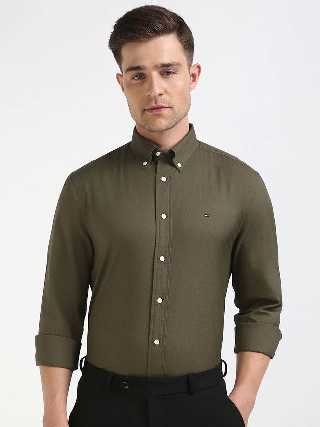 

Tommy Hilfiger Men Button-Down Collar Solid Cotton Casual Shirt, Olive