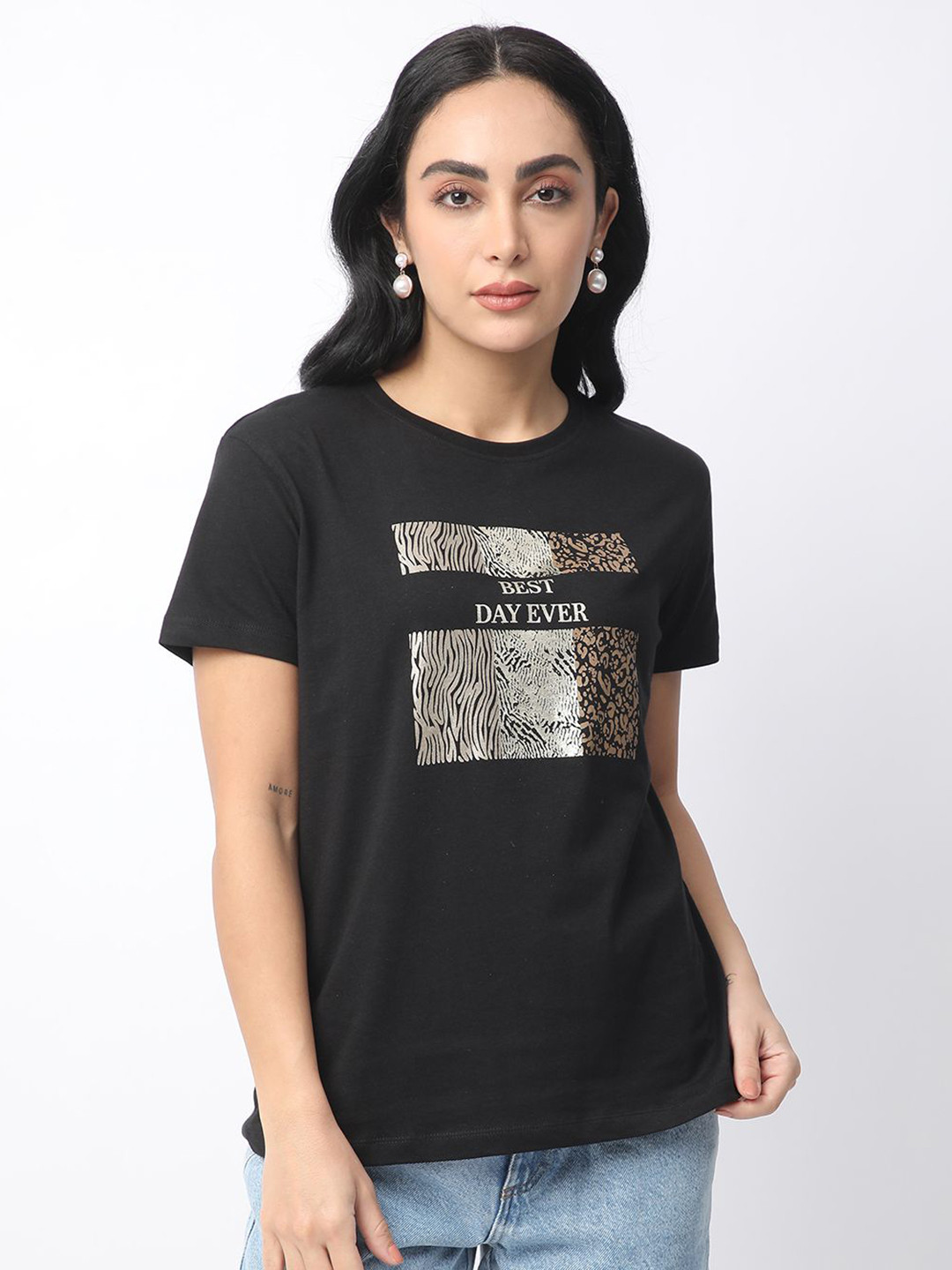 

R&B Women Graphic Printed Round Neck Cotton T-shirt, Black