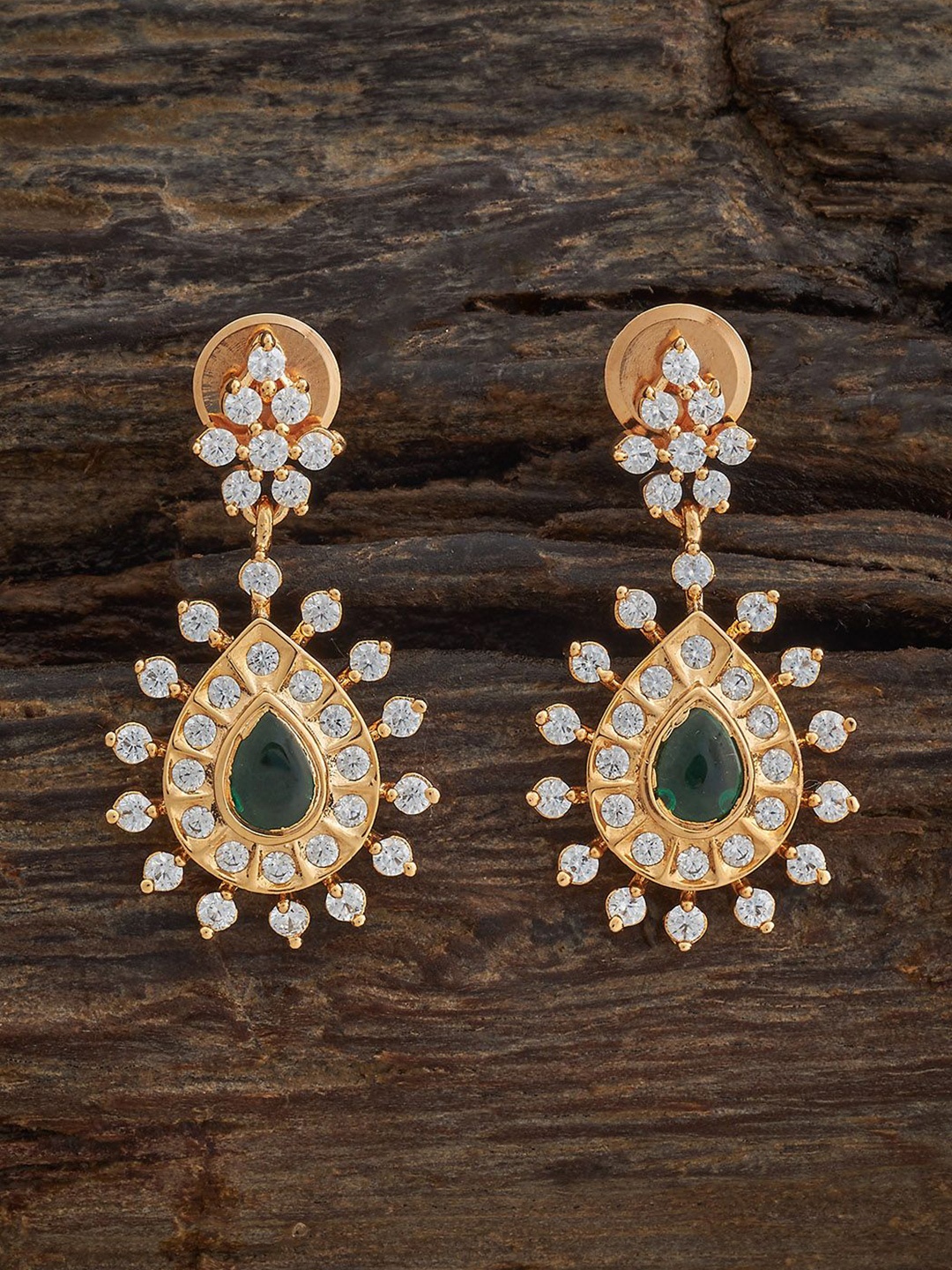 

Kushal's Fashion Jewellery Gold-Plated Zircon Studded Teardrop Shaped Drop Earrings