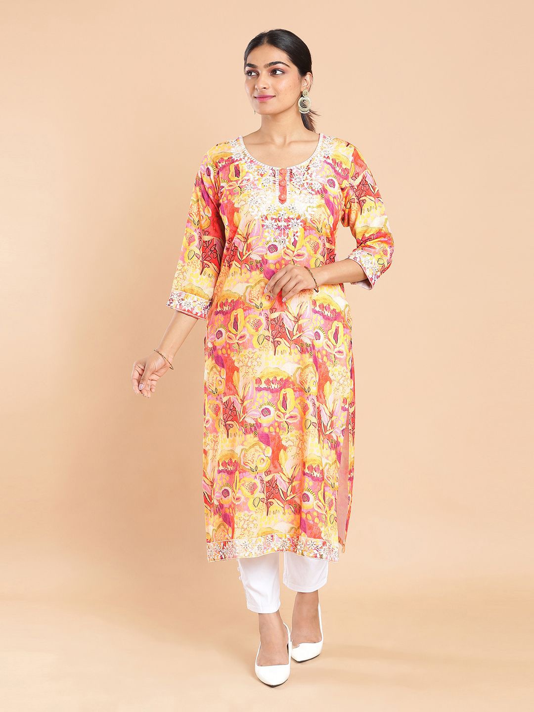 

Kalyan Silks Women Floral Printed Pure Cotton Calf Length Kurtas, Yellow