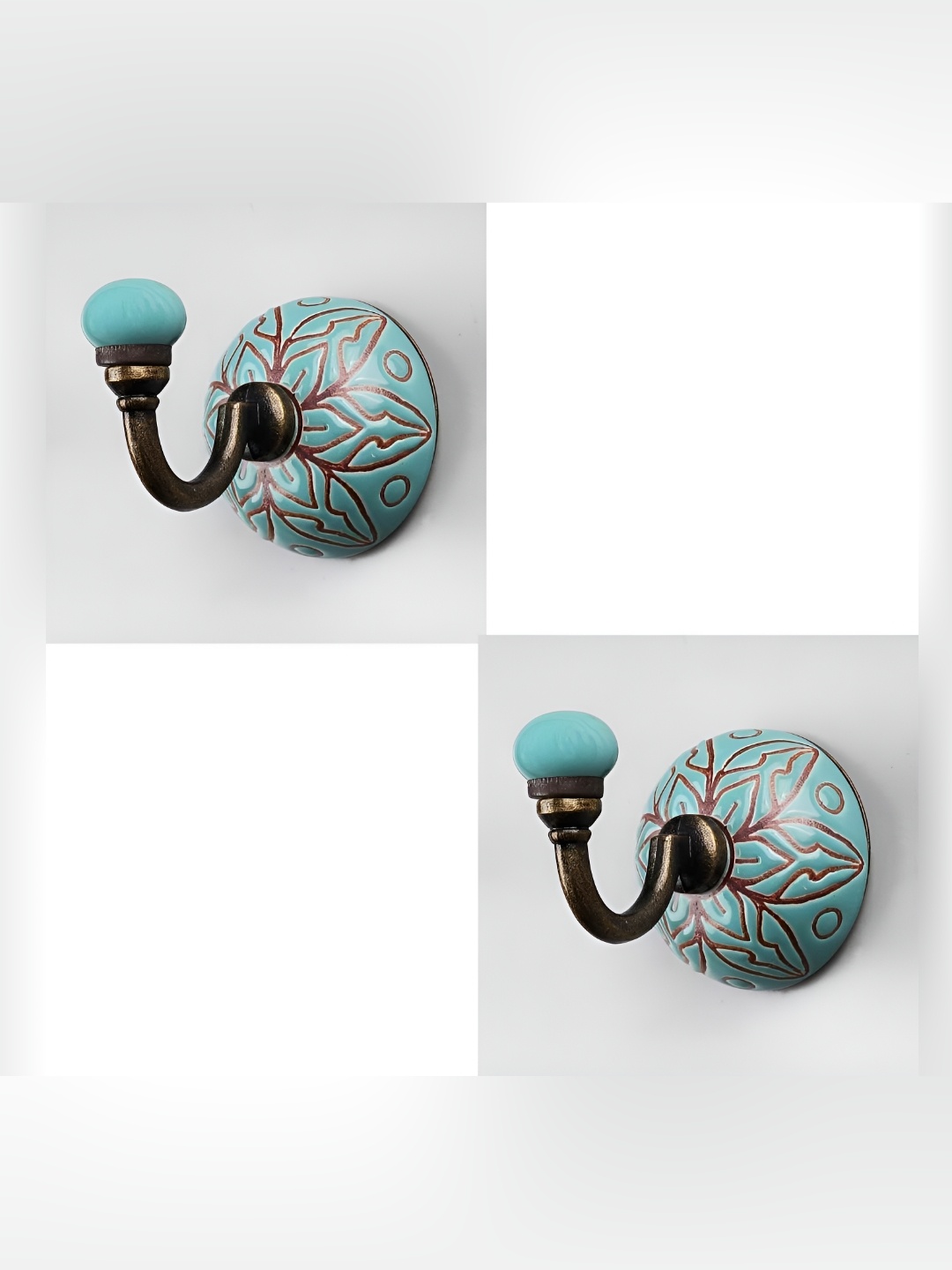 

IndianShelf Green & Brown 2 Pieces Floral Printed Ceramic Wall Hooks