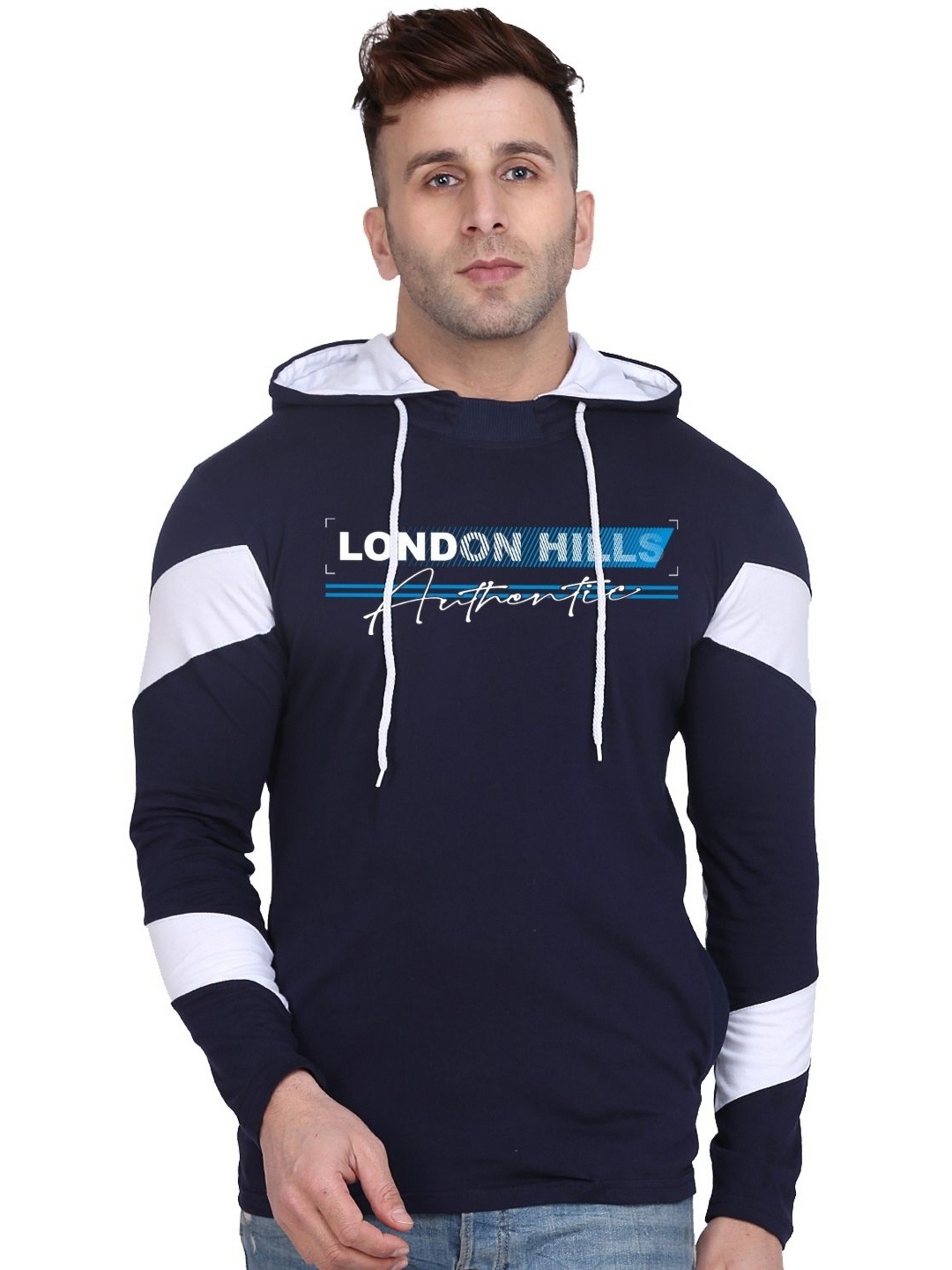 

London Hills Men Typography Printed Hood Cotton T-shirt, Navy blue