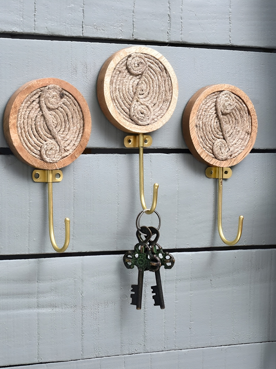 

IndianShelf 3 Piece Wood Jute Wall Hooks Door Hanger, Brown