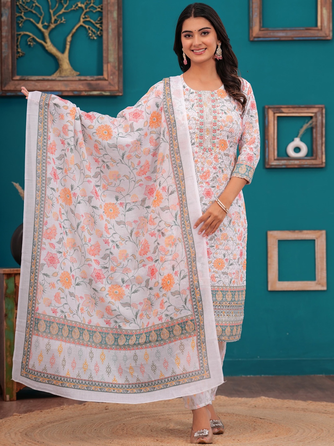 

MILAAV Women Floral Printed Regular Thread Work Pure Cotton Kurta with Trousers & With Dupatta, White