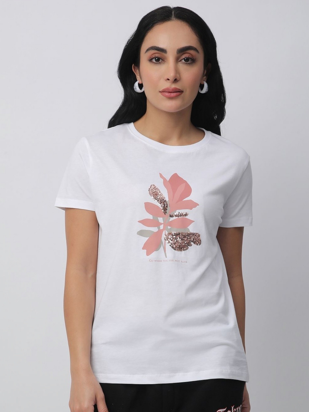 

R&B Women Floral Printed Round Neck Cotton T-shirt, White