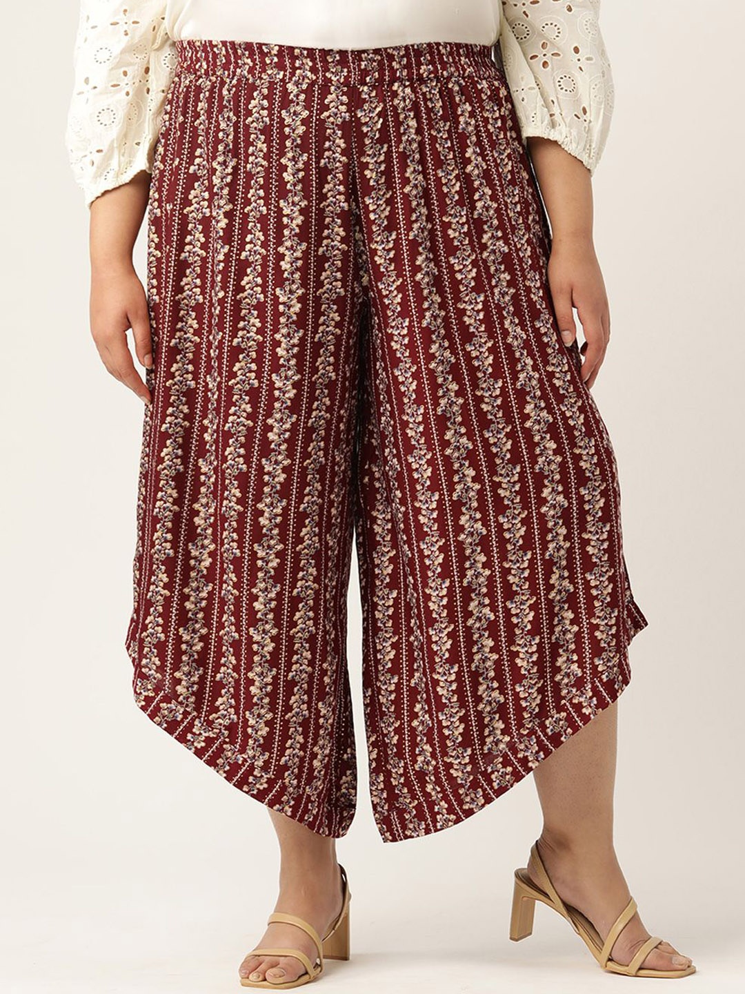 

theRebelinme Women Floral Printed Relaxed High-Rise Easy Wash Plus Size Regular Trousers, Maroon