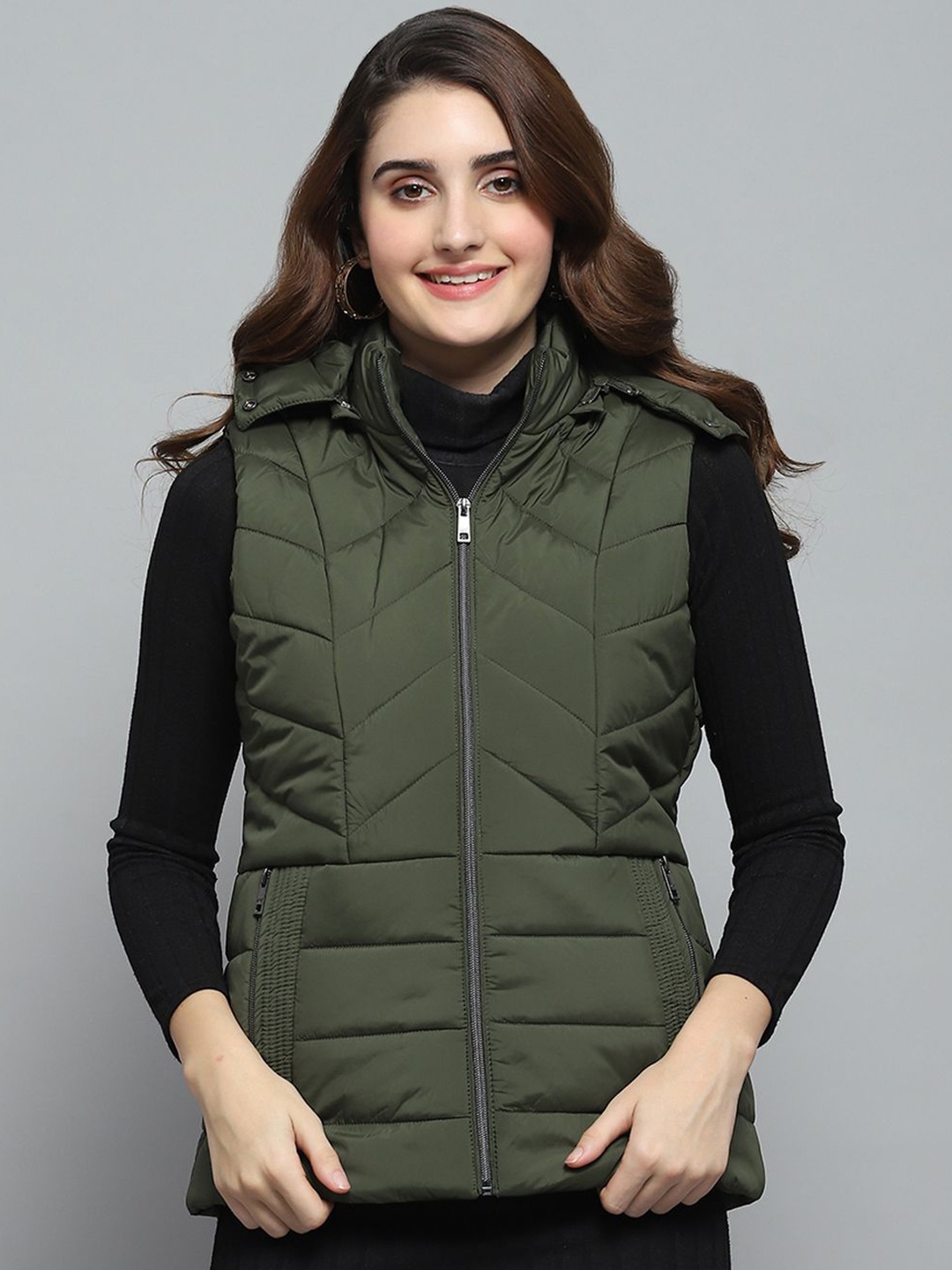 

Monte Carlo Women Hooded Solid Casual Puffer Jacket, Olive